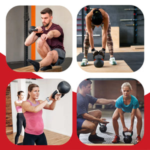Four quadrants showing people exercising with kettlebells in a gym setting.