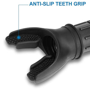 Close-up of a black grooming tool with 'Anti-Slip Teeth Grip' text on a white background