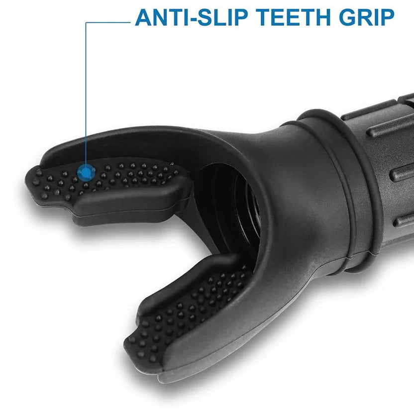 Close-up of a black grooming tool with 'Anti-Slip Teeth Grip' text on a white background