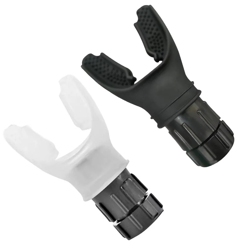 Two black and white plastic nozzles on a white background