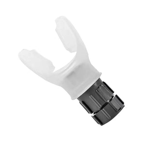 White plastic valve with black metal fitting on a white background