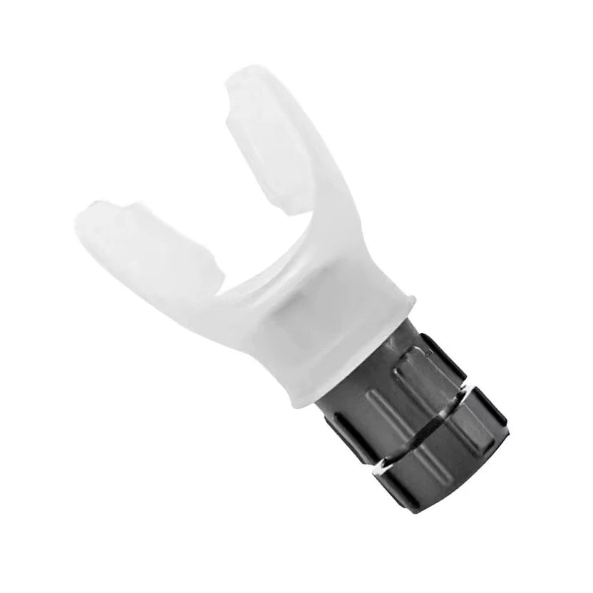 White plastic valve with black metal fitting on a white background
