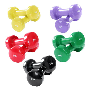 Set of colorful dumbbells with weight markings on a white background