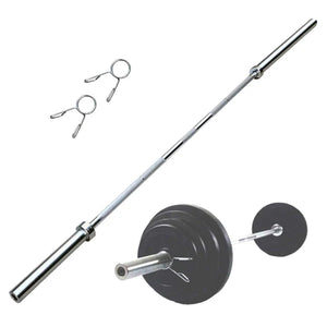 Barbell with weight plates and attachments on a white background