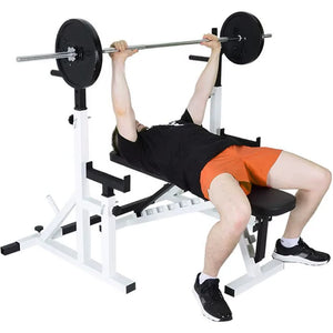 Person performing a bench press with a barbell on a weight bench.