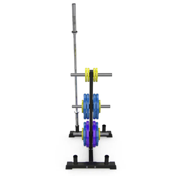 Barbell with weight plates on a stand against a white background