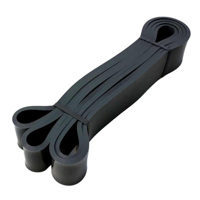 Black resistance band with handles on a white background