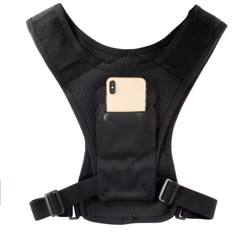 Black tactical vest with a phone pocket on a white background