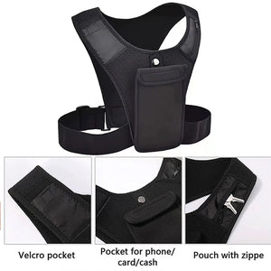 Black tactical vest with multiple pockets on a white background