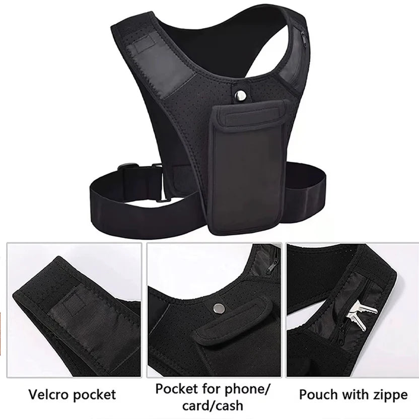 Black tactical vest with multiple pockets on a white background