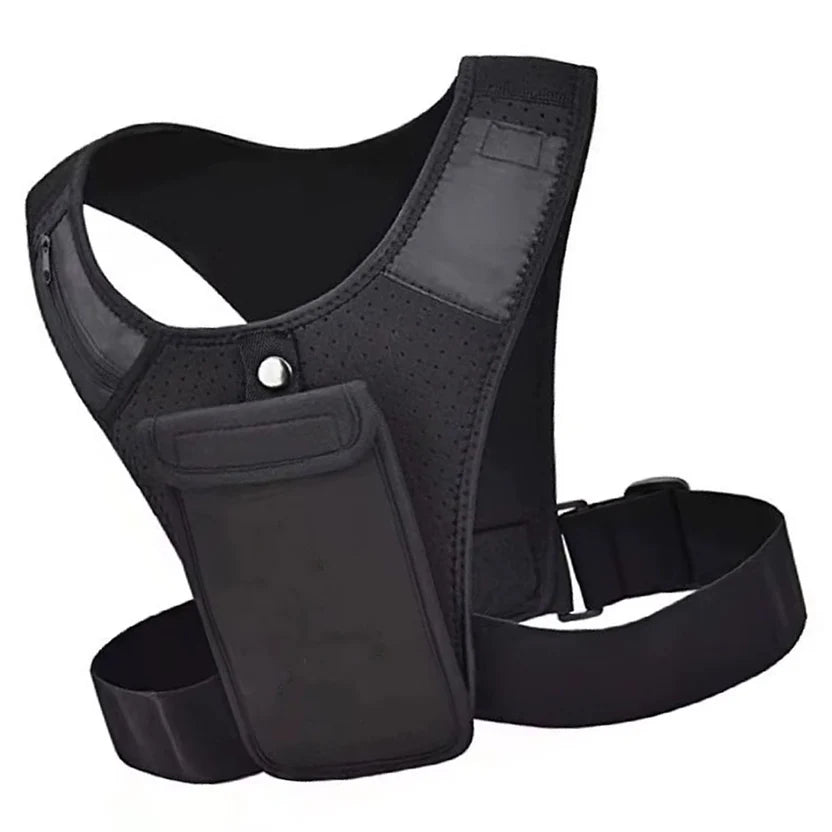Black tactical vest with a pocket on a white background