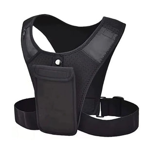 Black tactical vest with a pocket on a white background