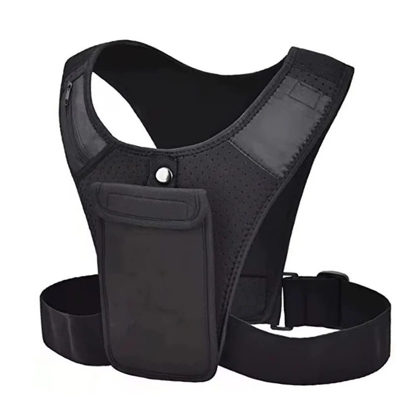 Black tactical vest with a pocket on a white background