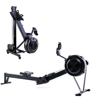 Two views of a black rowing machine on a white background