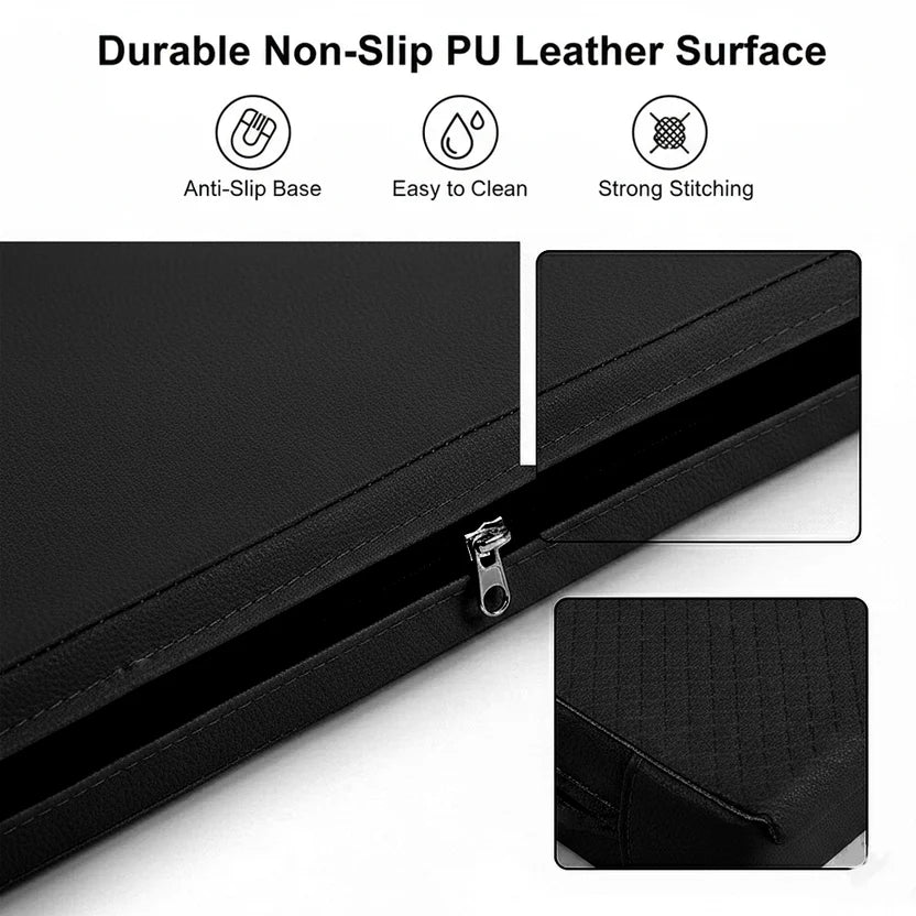 Black leather surface with anti-slip base, easy cleaning, and strong stitching features.
