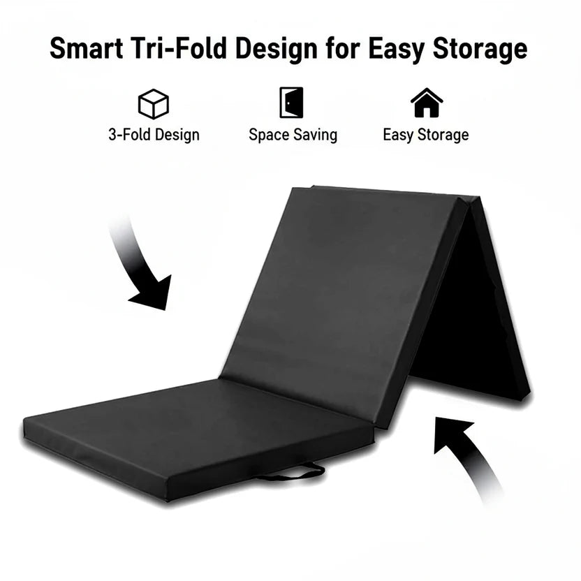 Black folding mat with text highlighting its tri-fold design, space-saving, and easy storage features on a white background.