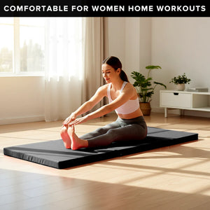 Woman stretching on a mat in a home setting with text 'Comfortable for Women Home Workouts'.