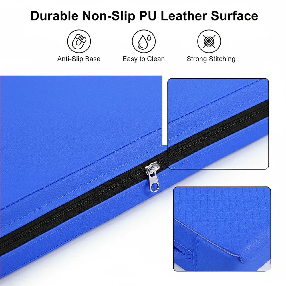 Blue bag with a zipper, showcasing durable non-slip PU leather surface features.