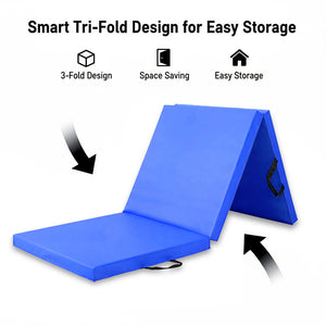 Blue folding mat with text highlighting its smart tri-fold design for easy storage.
