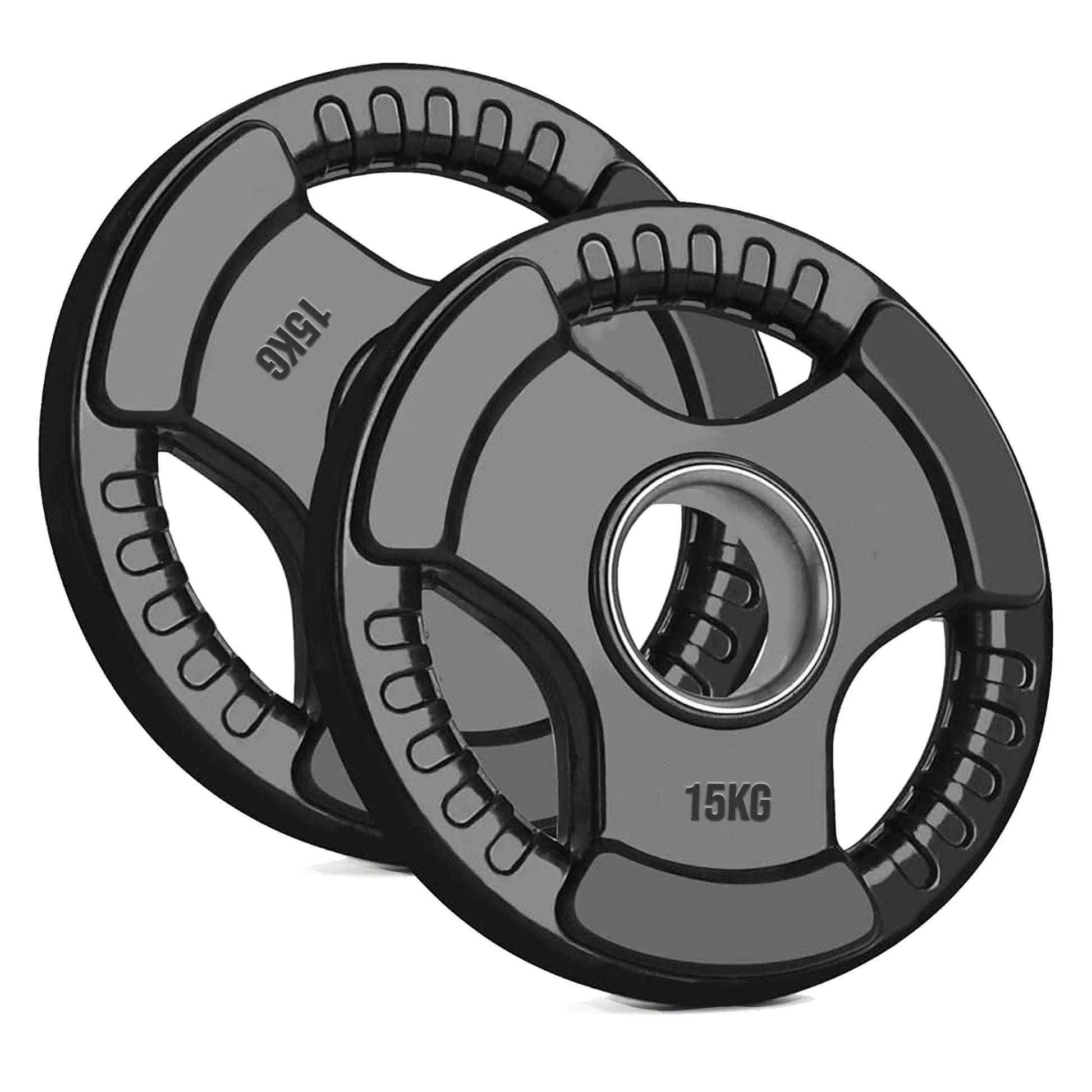 Two 15kg weight plates on a white background