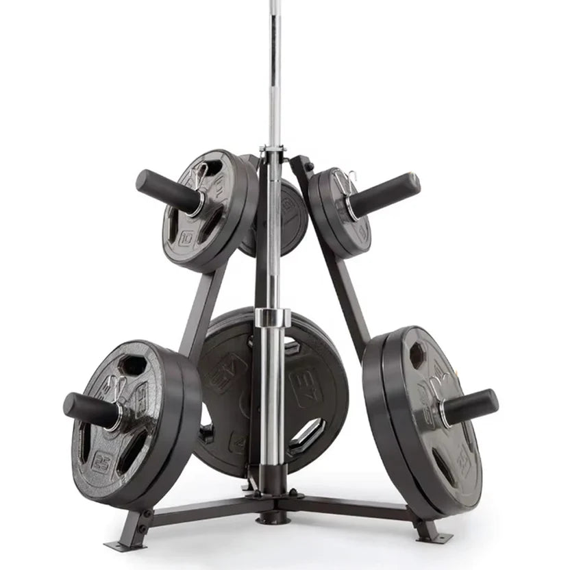 Weight plate stack with a stand on a white background