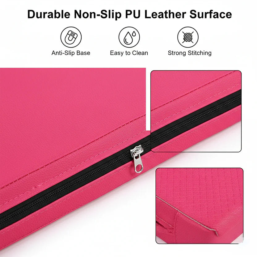 Pink pouch with black zipper on a white background, featuring durable non-slip PU leather surface attributes.